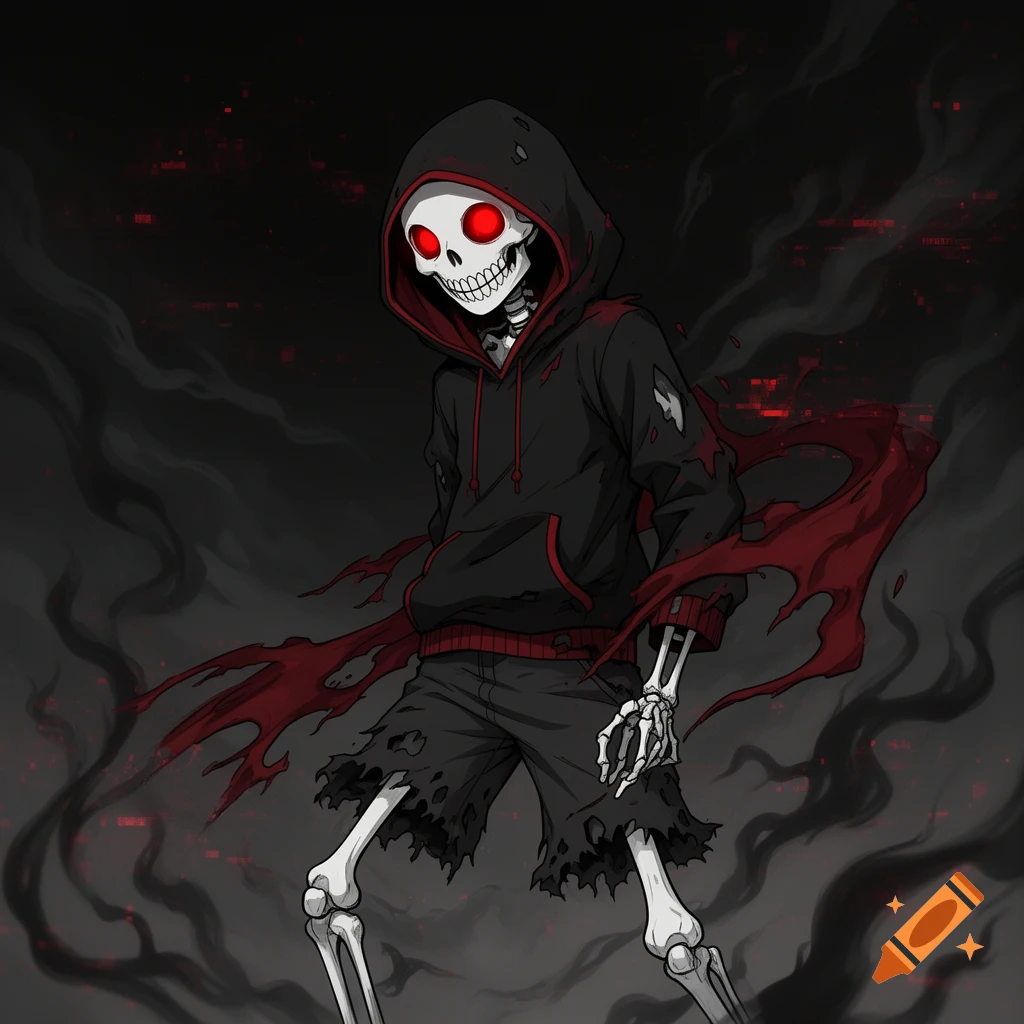 A cartoon skeleton in a black hoodie with glowing red eyes and red liquid trails, against a dark, smoky background with red glitch effects.