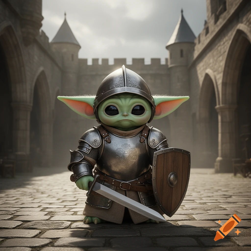 Grogu in medieval knight armor, holding a sword and shield, in a castle courtyard.