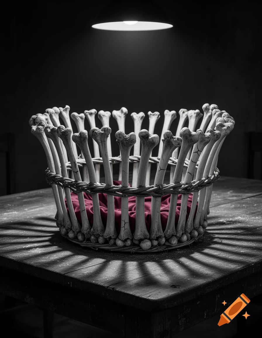 A macabre still life featuring a basket with sides made of human bones, containing a red cloth, on a dark wooden table under a spotlight, in black and white with a pop of red.