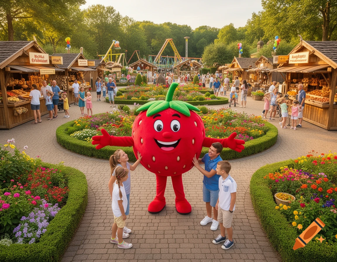 A smiling strawberry mascot interacts with children and adults at an outdoor amusement park with market stalls and flower beds.