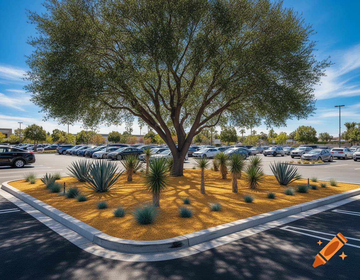 Photorealistic view of a commercial parking lot's landscape island featuring a large tree, desert plants, and gold gravel.