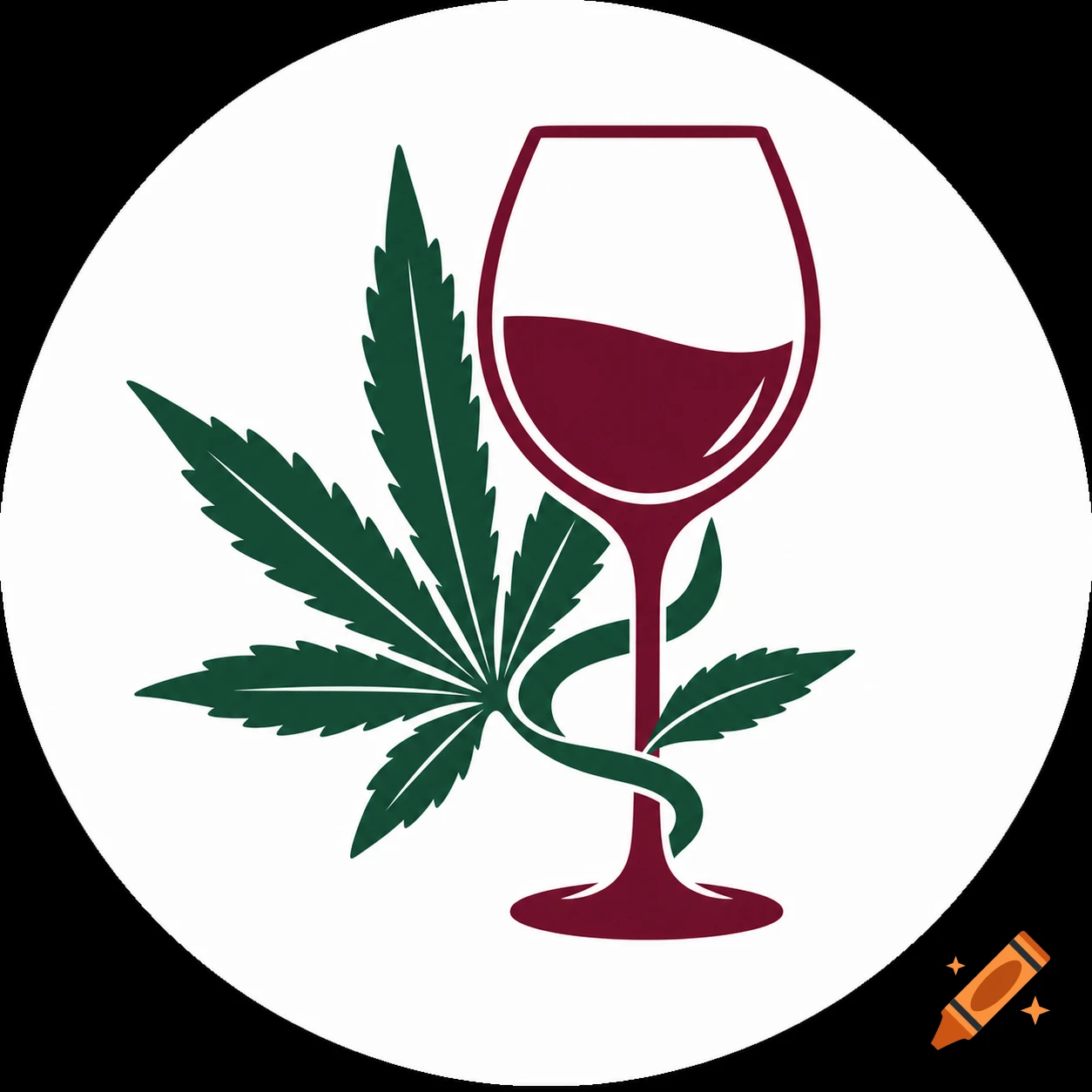 Graphic icon of a green cannabis leaf next to a wine glass with red wine, wrapped by a green vine.