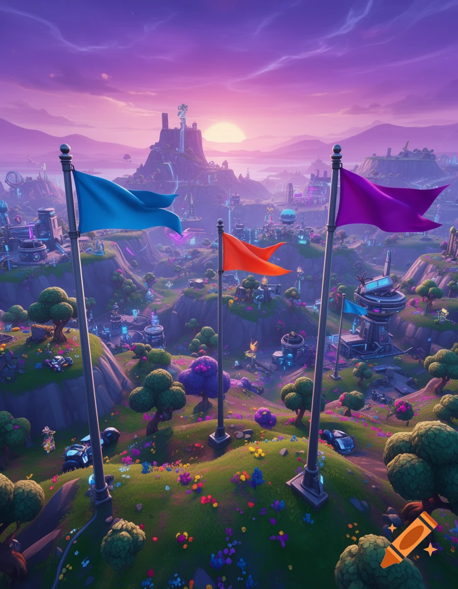 A vibrant, stylized video game landscape with three flags, a distant castle at sunset, and futuristic buildings scattered among hills with colorful flowers.