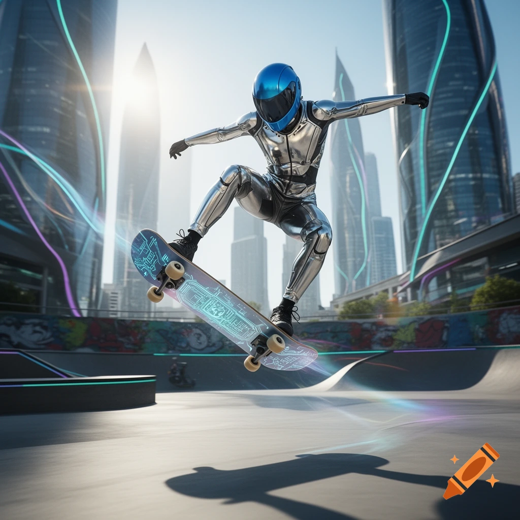 A person in a metallic suit and blue helmet skates on a glowing board in a futuristic city skatepark with towering skyscrapers and neon lights.