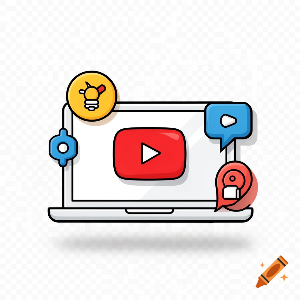 Flat vector illustration of a laptop with a YouTube play button on screen, surrounded by related icons like a lightbulb, speech bubble, and camera.