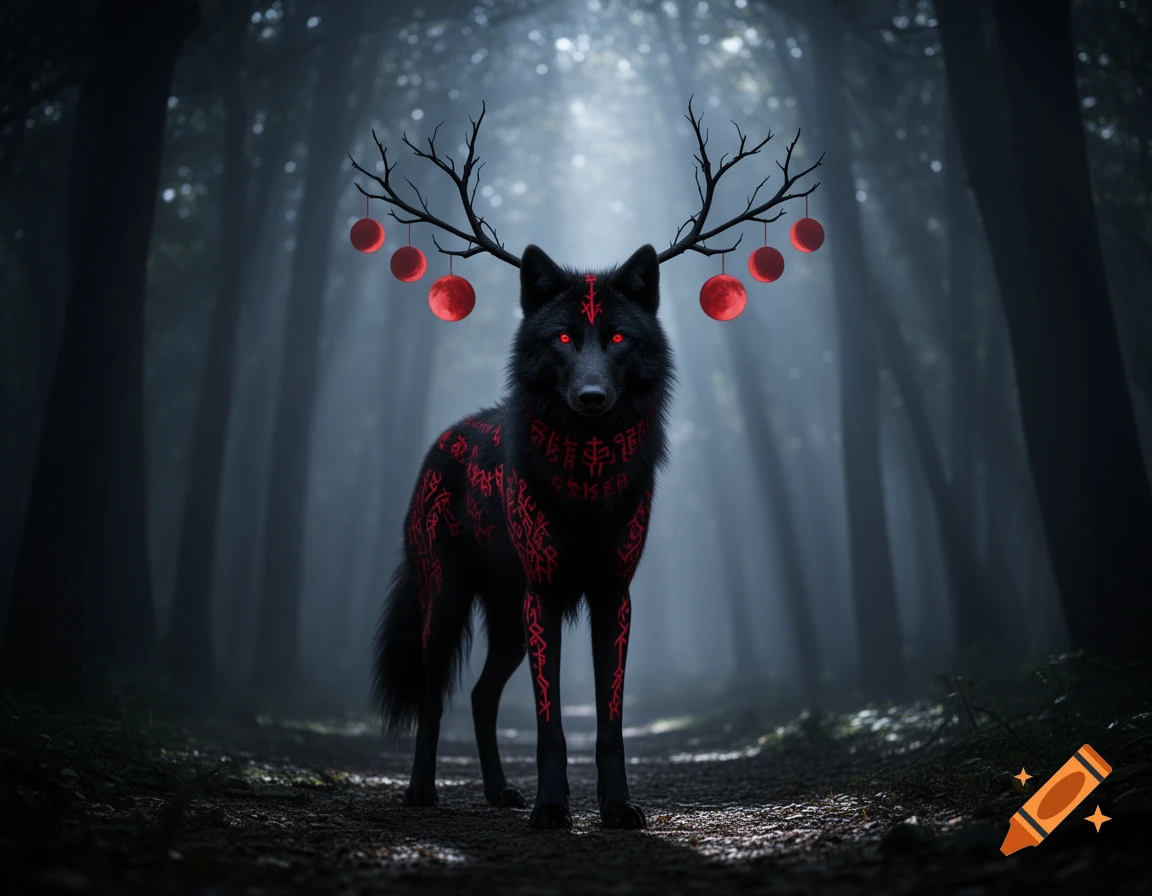 A black wolf with glowing red eyes and intricate red rune-like markings stands in a dark, misty forest. Branch-like antlers with red orb decorations adorn its head.