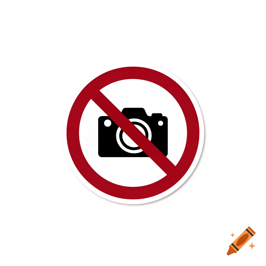 No photography sign icon, a black camera symbol crossed out with a dark red circle and diagonal line.