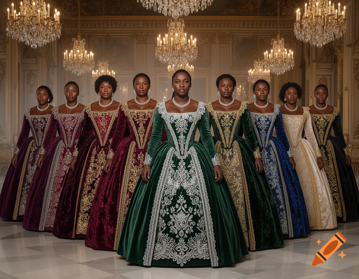 Nine Black women in ornate, colorful 17th-century style gowns with wide skirts stand in a grand hall with many crystal chandeliers.