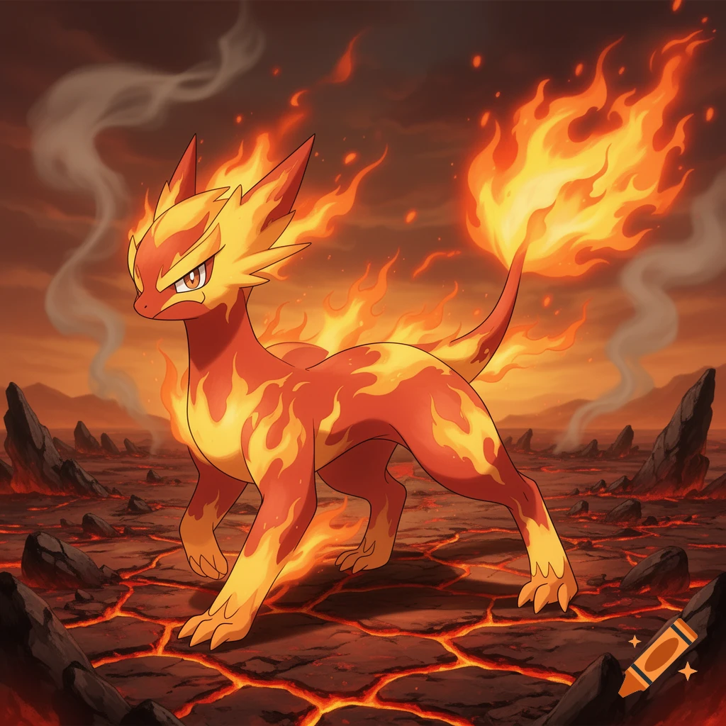 A vibrant red and yellow fire-type creature resembling a Pokémon stands on a glowing lava landscape with smoke.