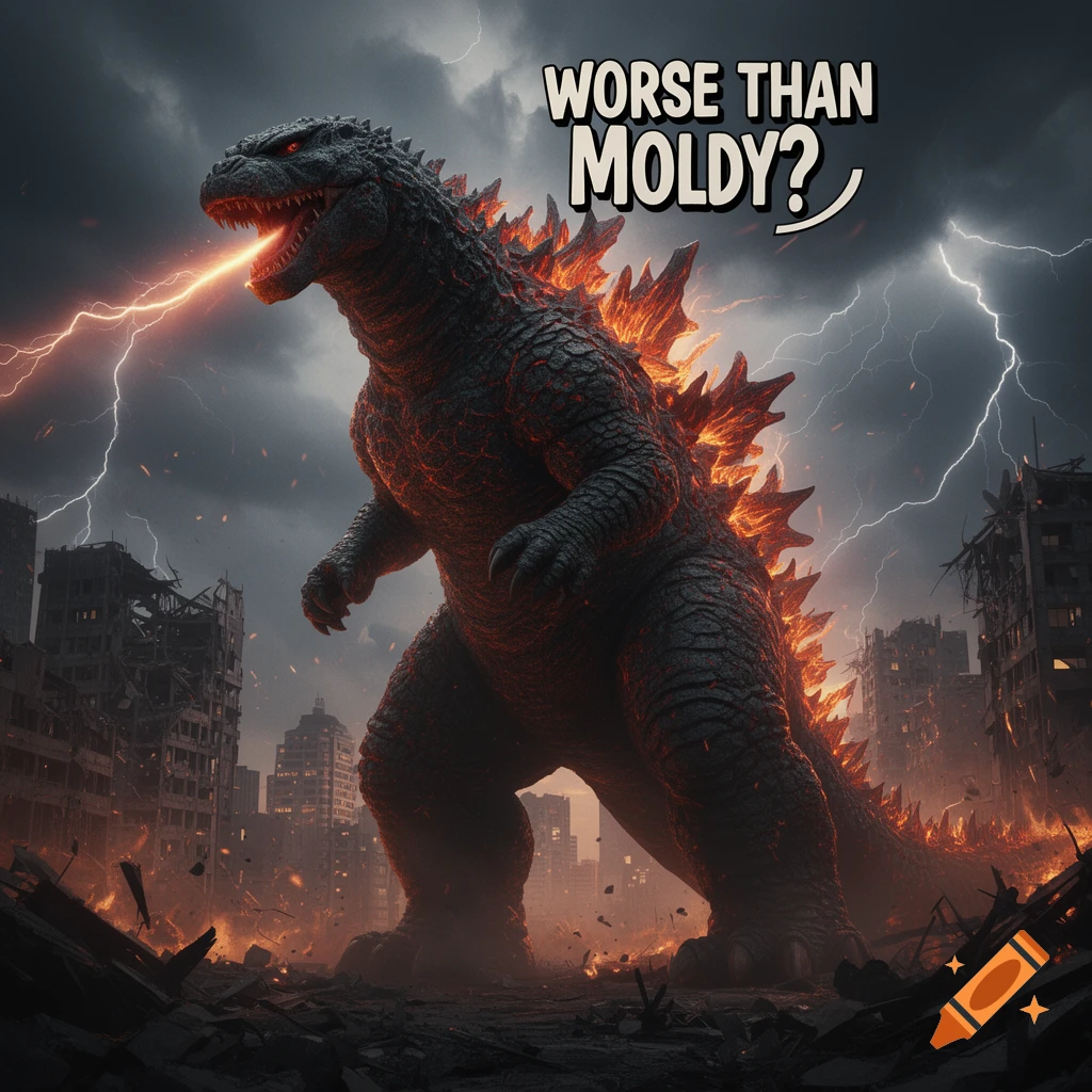 Godzilla, with glowing red spines, breathes a lightning beam in a destroyed city under a stormy, lightning-filled sky. Text reads "WORSE THAN MOLDY?"