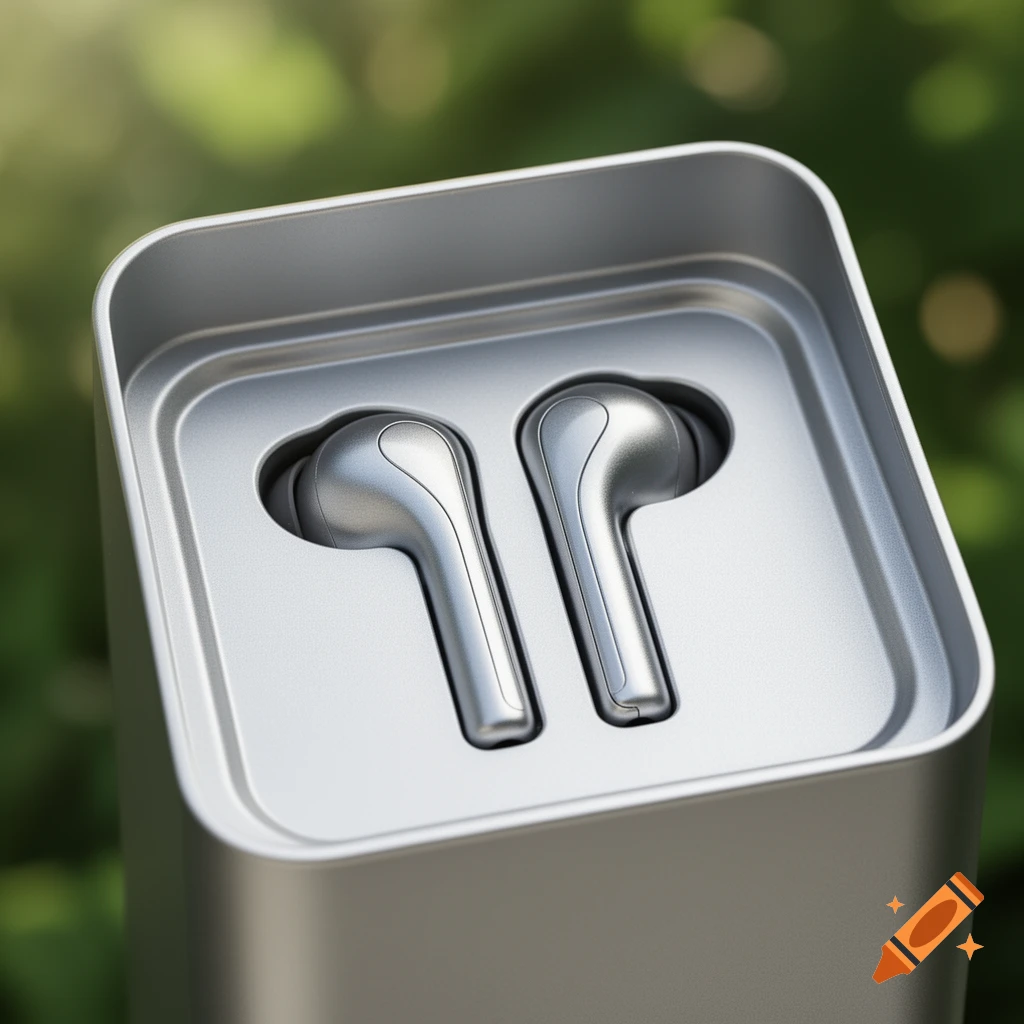 Photorealistic close-up of premium silver Bluetooth earphones in an open silver charging case, with a blurred green background.