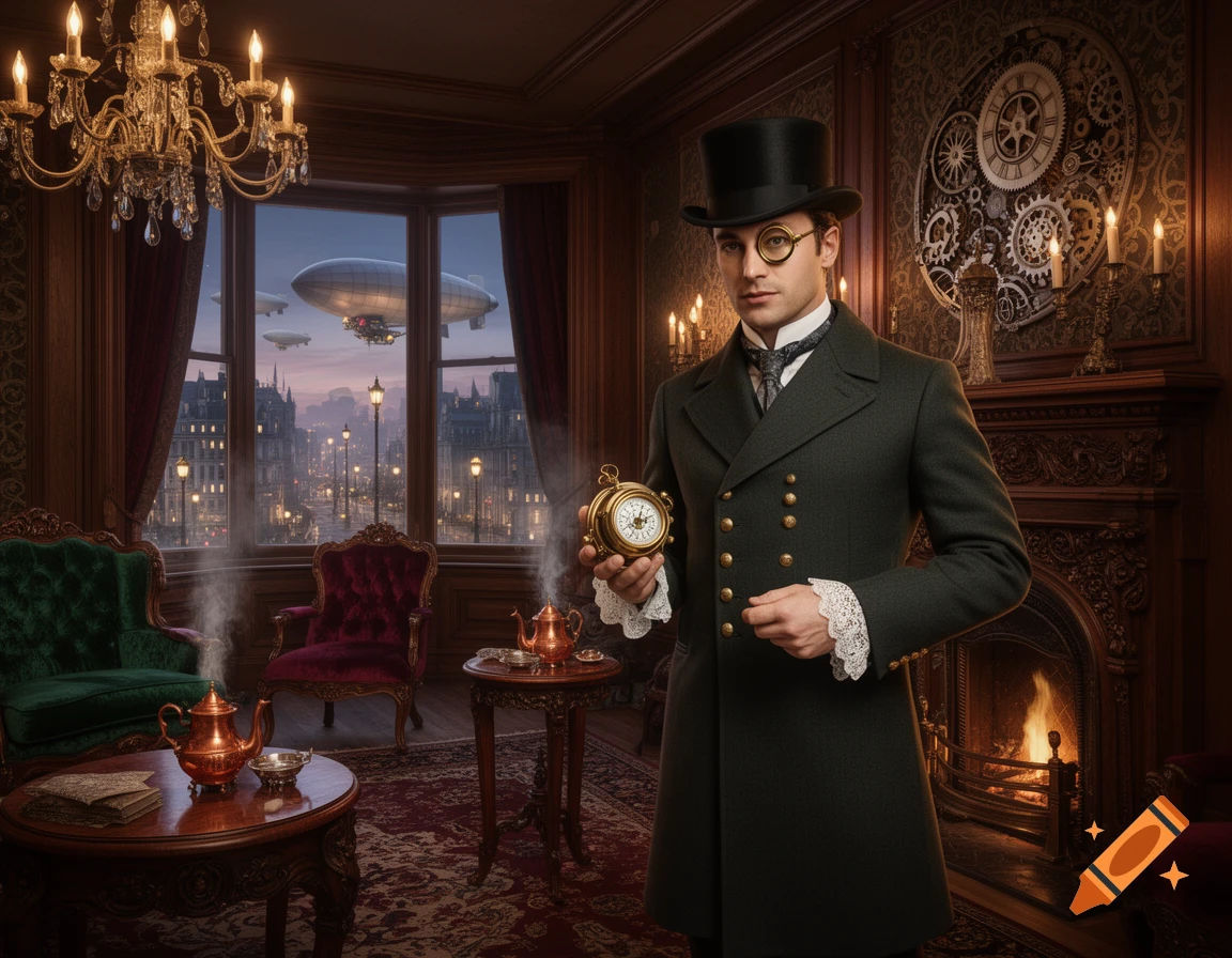 Dapper man in top hat and monocle holds a pocket watch in a richly decorated Victorian room with steampunk airships flying over a cityscape.