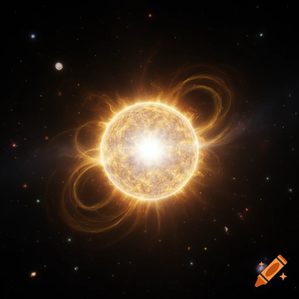 A bright, glowing star with radiating tendrils in a dark starry space, surrounded by smaller celestial bodies.