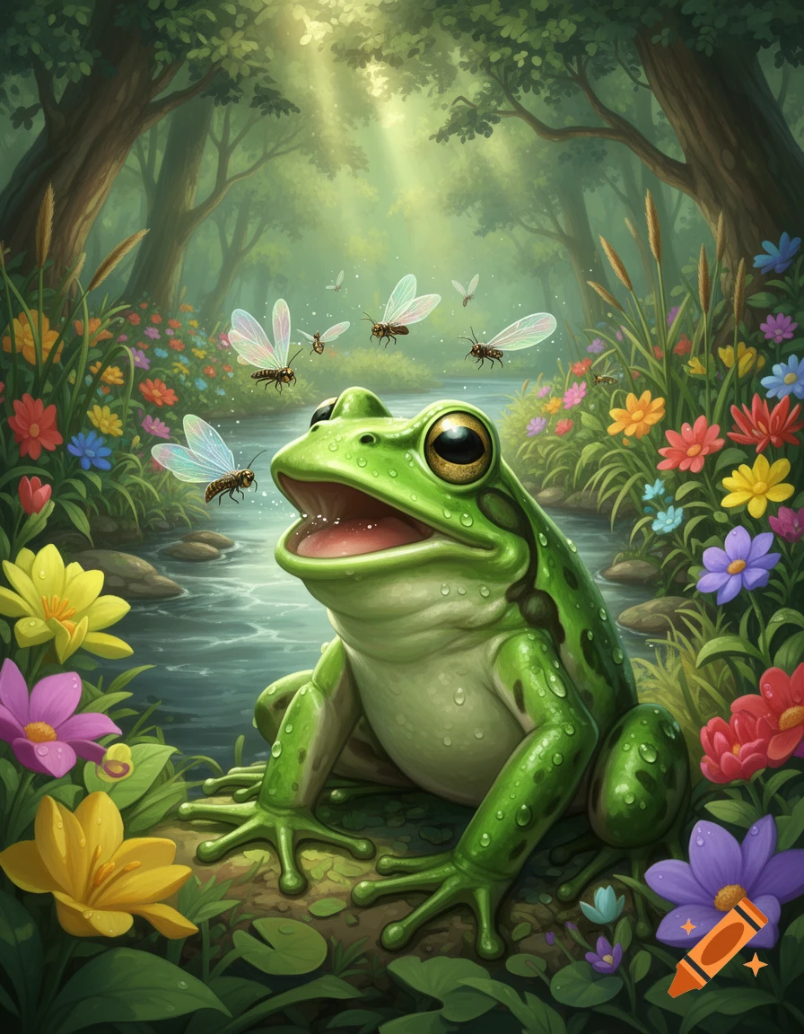 A vibrant fantasy illustration of a large green frog with an open mouth in a lush forest by a river, surrounded by colorful flowers and flying insects.