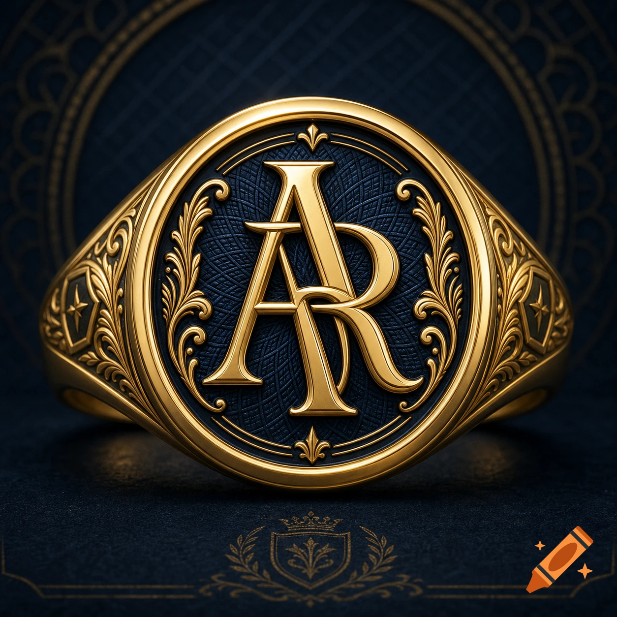 A luxurious golden signet ring featuring an ornate 'AR' monogram on a dark blue enamel surface, with intricate gold detailing.