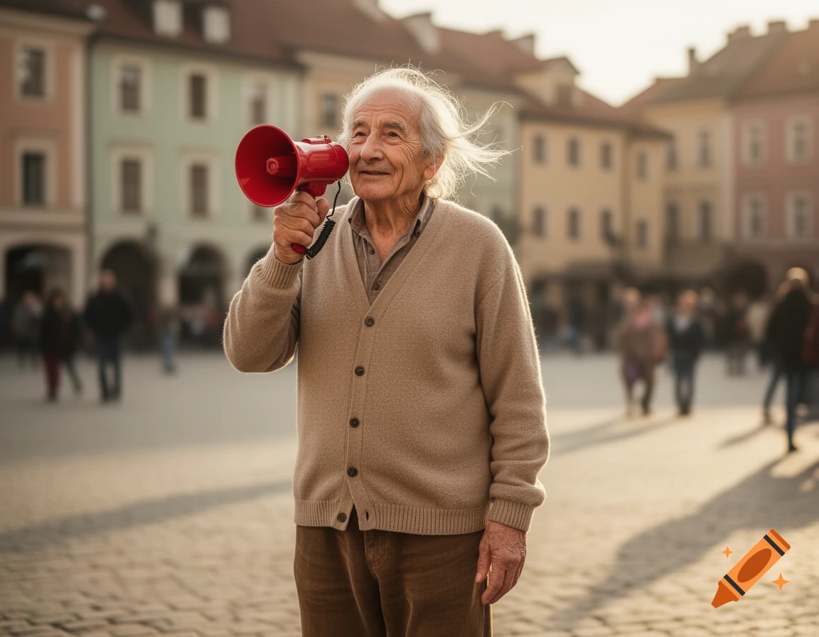 An elderly man with windswept white hair holds a red megaphone to his ear in a sunny European town square.