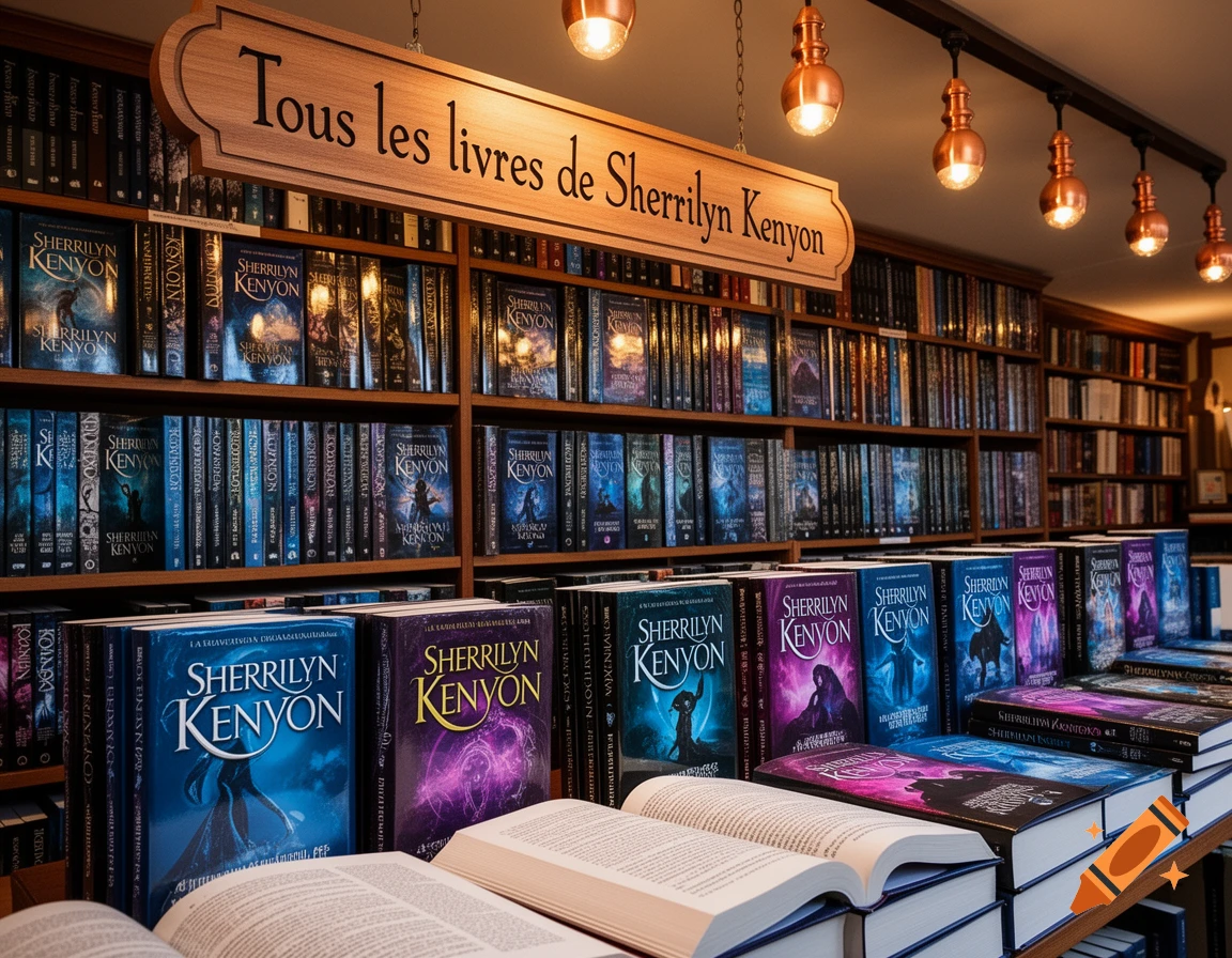 A photorealistic view inside a cozy bookstore with shelves full of books and a display of Sherrilyn Kenyon books, under a wooden sign.
