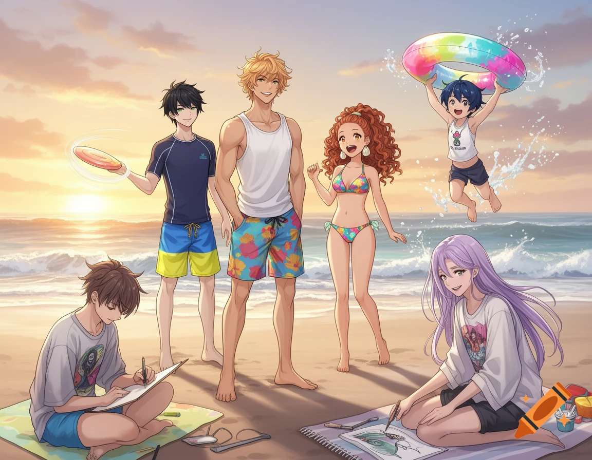 Anime characters on a sunny beach, with some playing in the water and others drawing in the sand. A child jumps with a float.