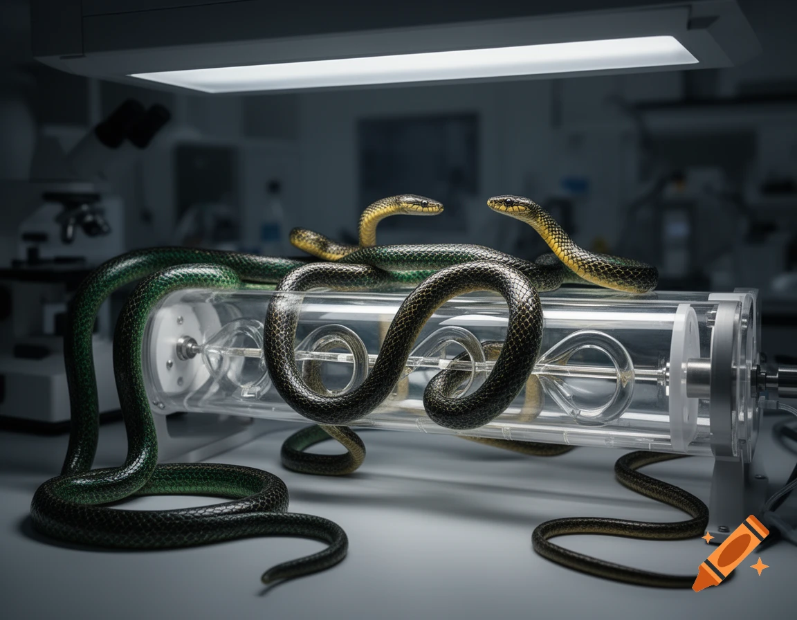 Photorealistic image of multiple green and dark snakes coiling around a transparent flow cell in a dim laboratory.