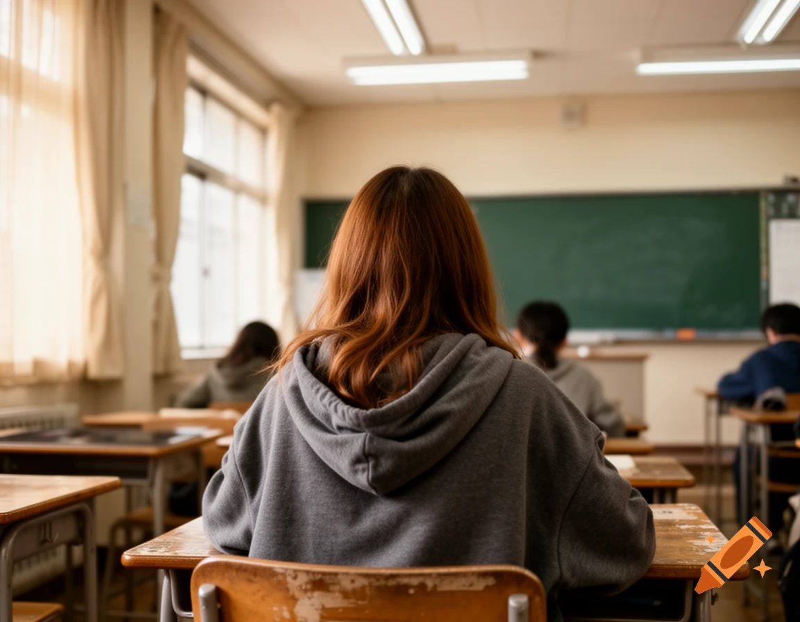 View from behind a student with reddish-brown hair in a gray hoodie, sitting at a wooden desk in a realistic classroom setting.