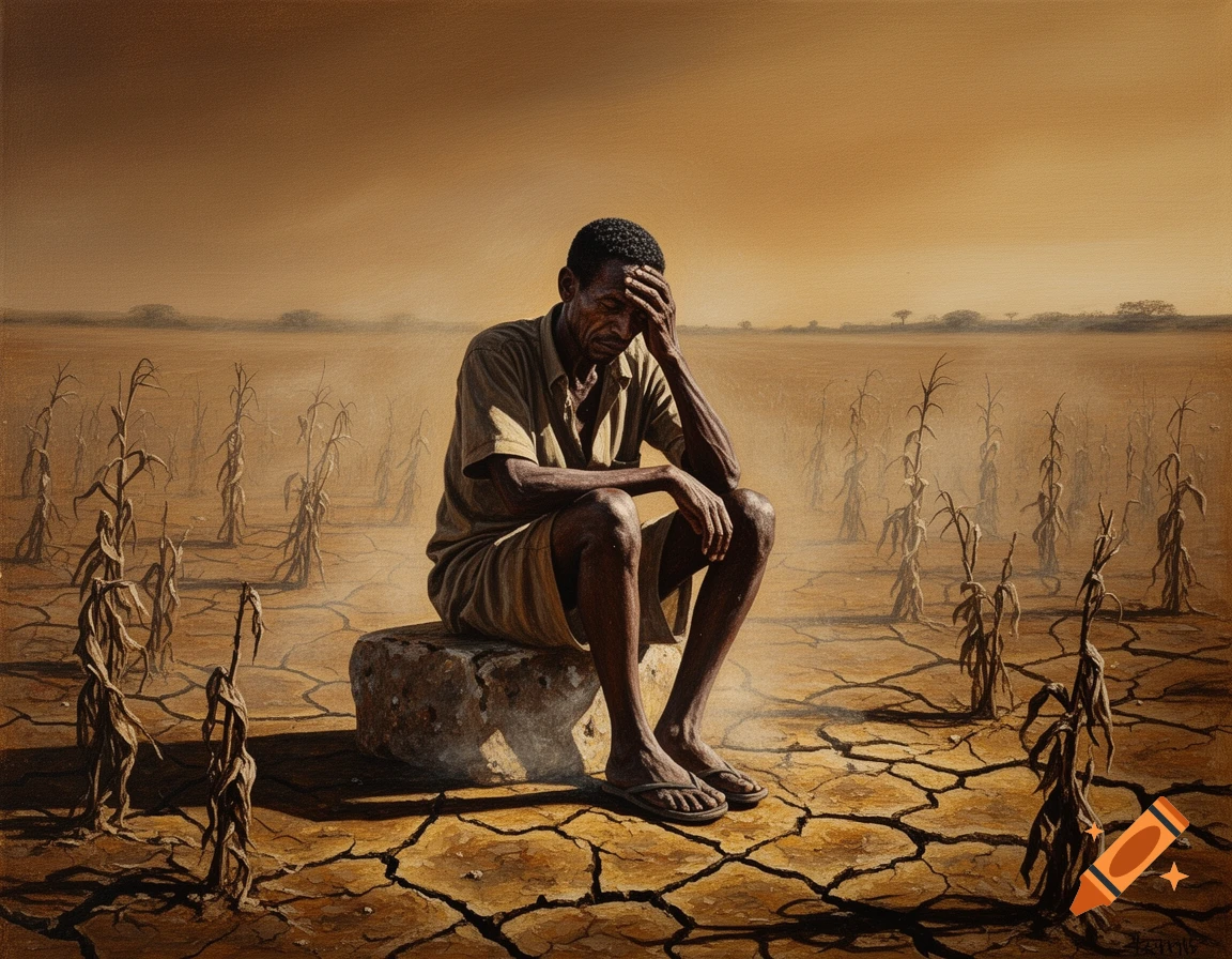 An acrylic painting of a distressed farmer sitting on a rock in a cracked, dry field with withered crops under a harsh sky.
