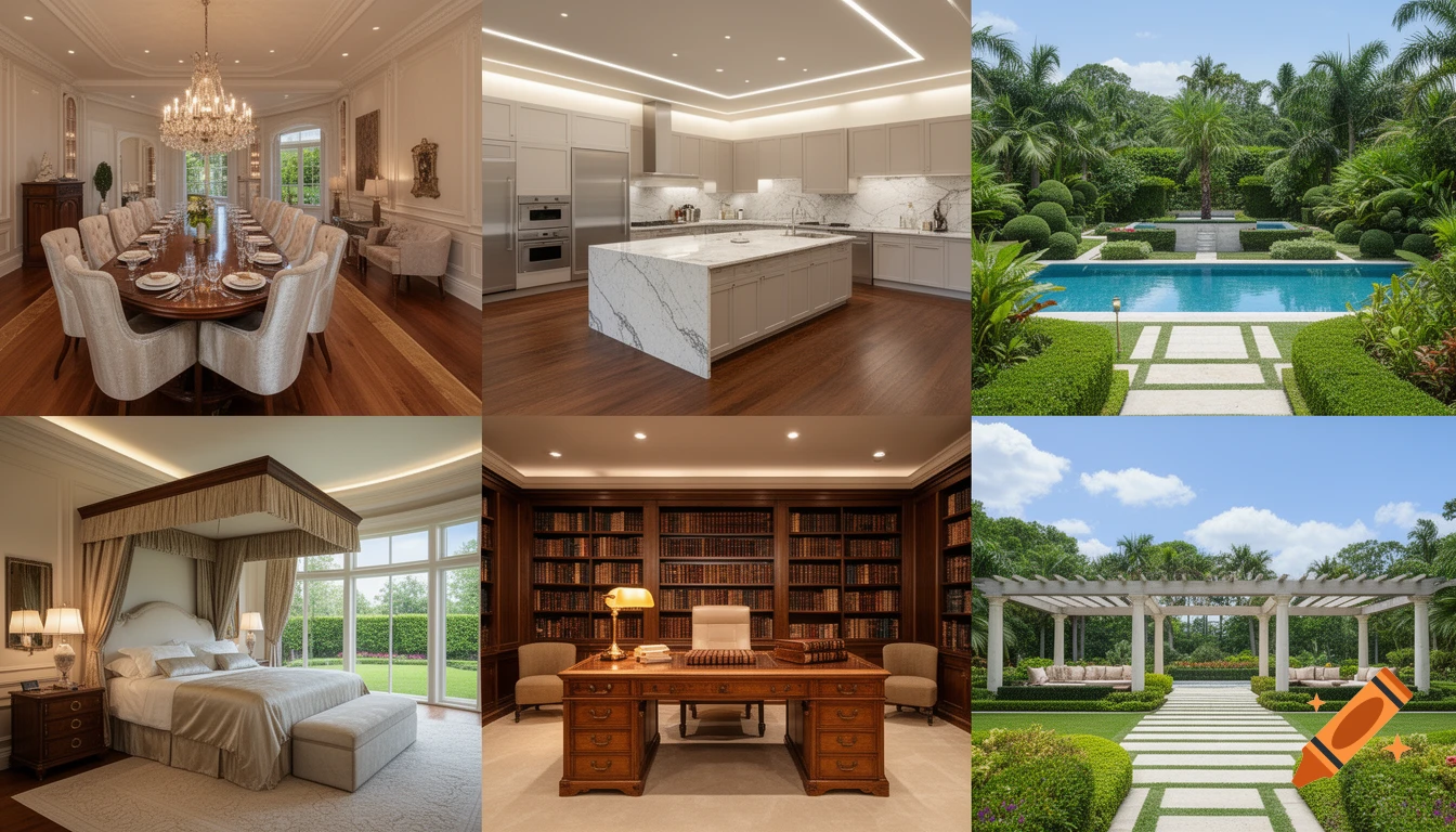 Photorealistic collage showing a luxury home's dining room, kitchen, bedroom, study, swimming pool, and outdoor pergola.