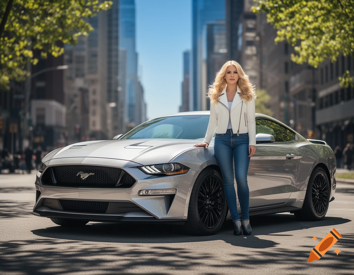 Blonde woman in white jacket and jeans leaning on a silver Ford Mustang GT on a city street.