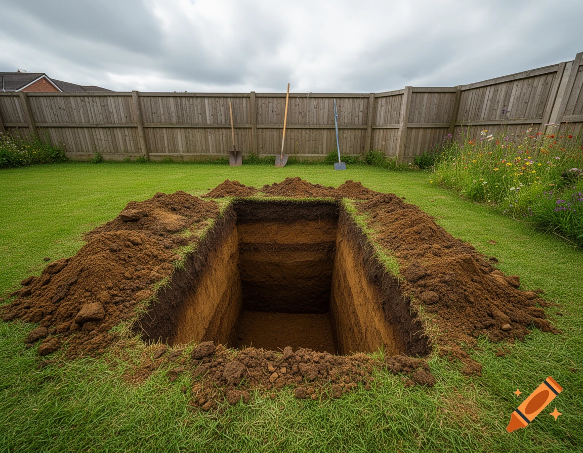 A deep, rectangular hole with excavated dirt piles in a grassy backyard. Three shovels lean against a wooden fence under a cloudy sky.