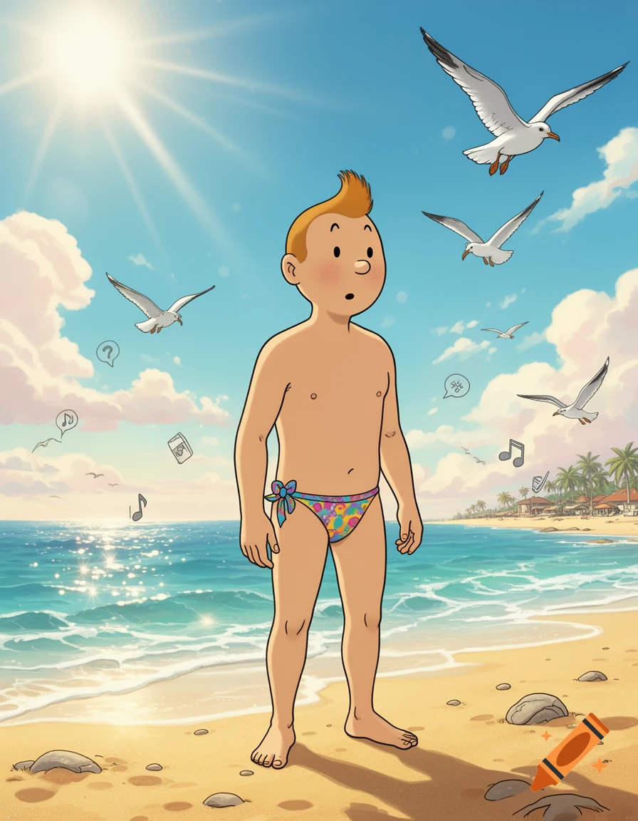 Cartoon boy with red hair in a colorful swim brief on a sunny beach with seagulls and ocean.