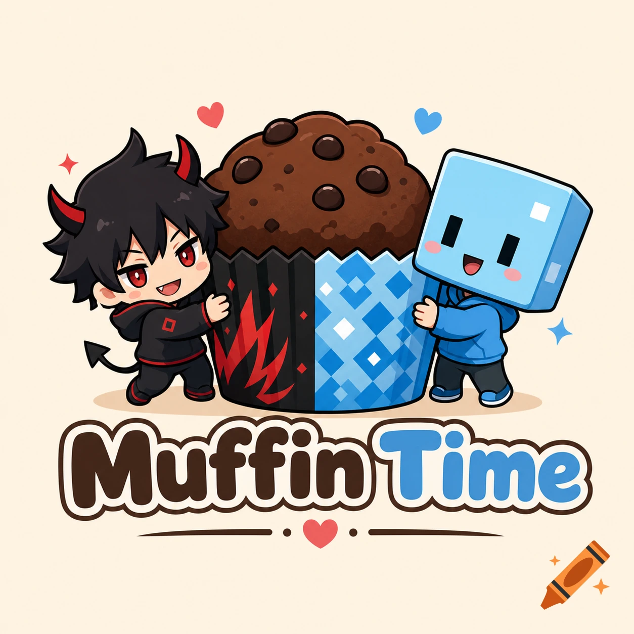 A 2D vector logo featuring a chibi demon boy and a block-headed boy hugging a chocolate muffin with a split wrapper. Below them is the text "Muffin Time".
