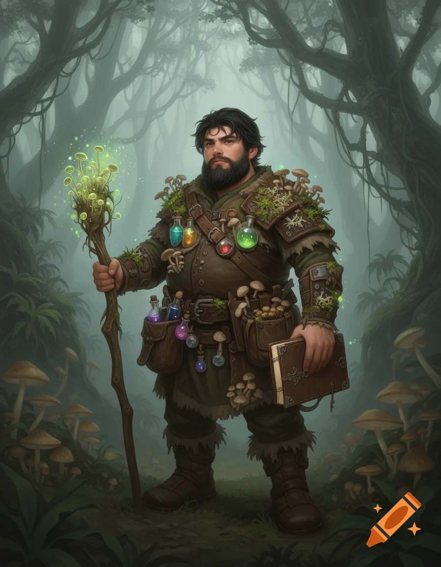 A male dwarf druid and mycologist in leather armor stands in a misty forest, holding a glowing mushroom staff and a book.