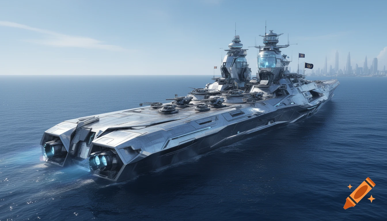 A sleek, futuristic grey warship with blue thrusters sails on a calm ocean near a distant city skyline in a photorealistic style.