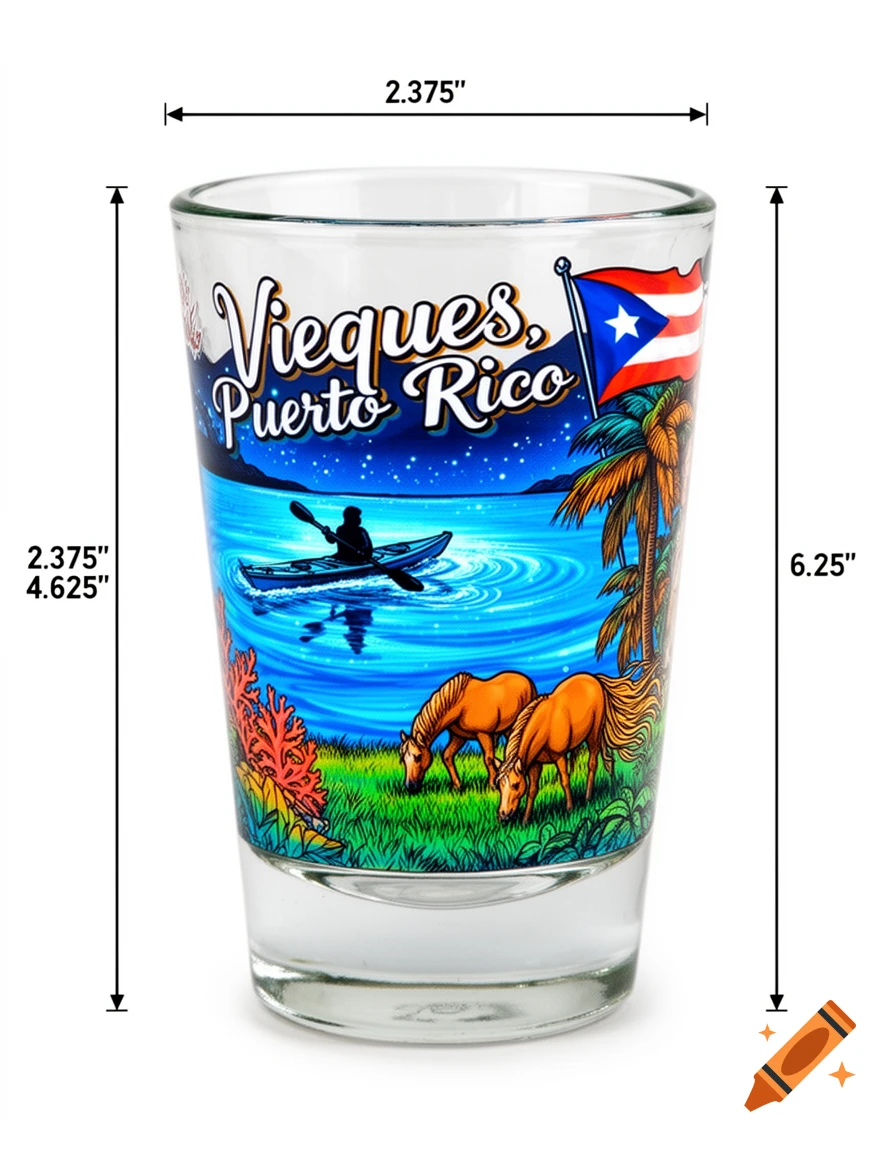 Vibrant souvenir shot glass with 'Vieques, Puerto Rico' text, a kayaker, wild horses, palm trees, and the Puerto Rico flag.