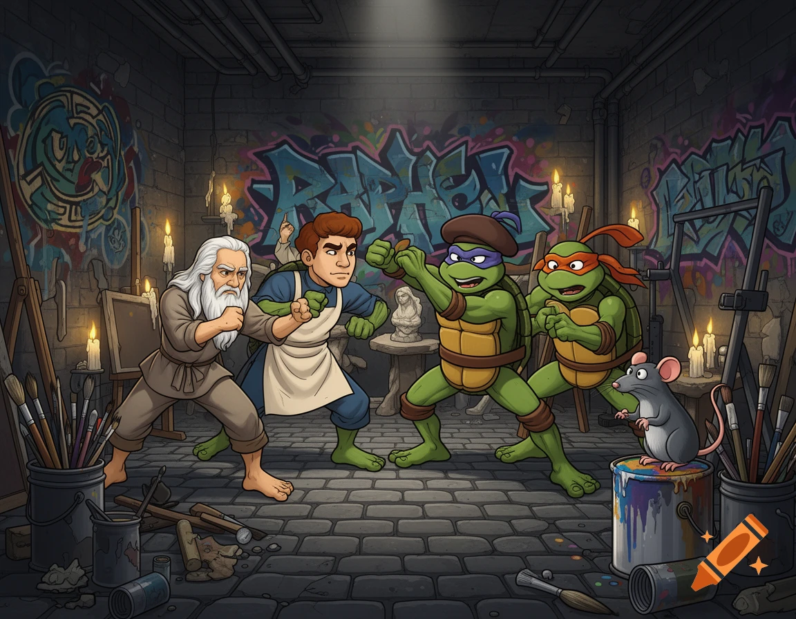Cartoon of DaVinci, Michelangelo, and two Ninja Turtles in a sewer studio, practicing martial arts with a rat.