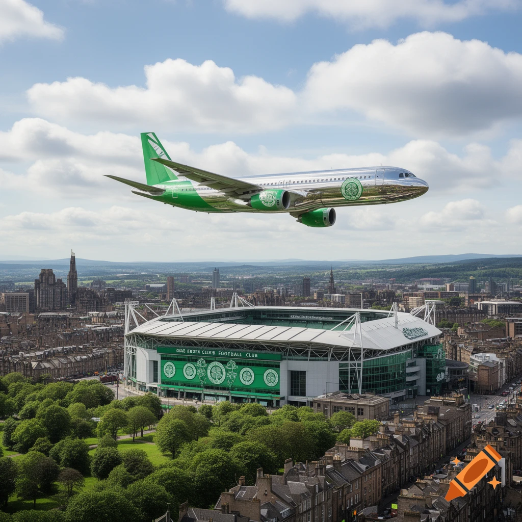 A silver and green airplane with Celtic FC logo flies over a large green football stadium in a sprawling city under a cloudy sky.