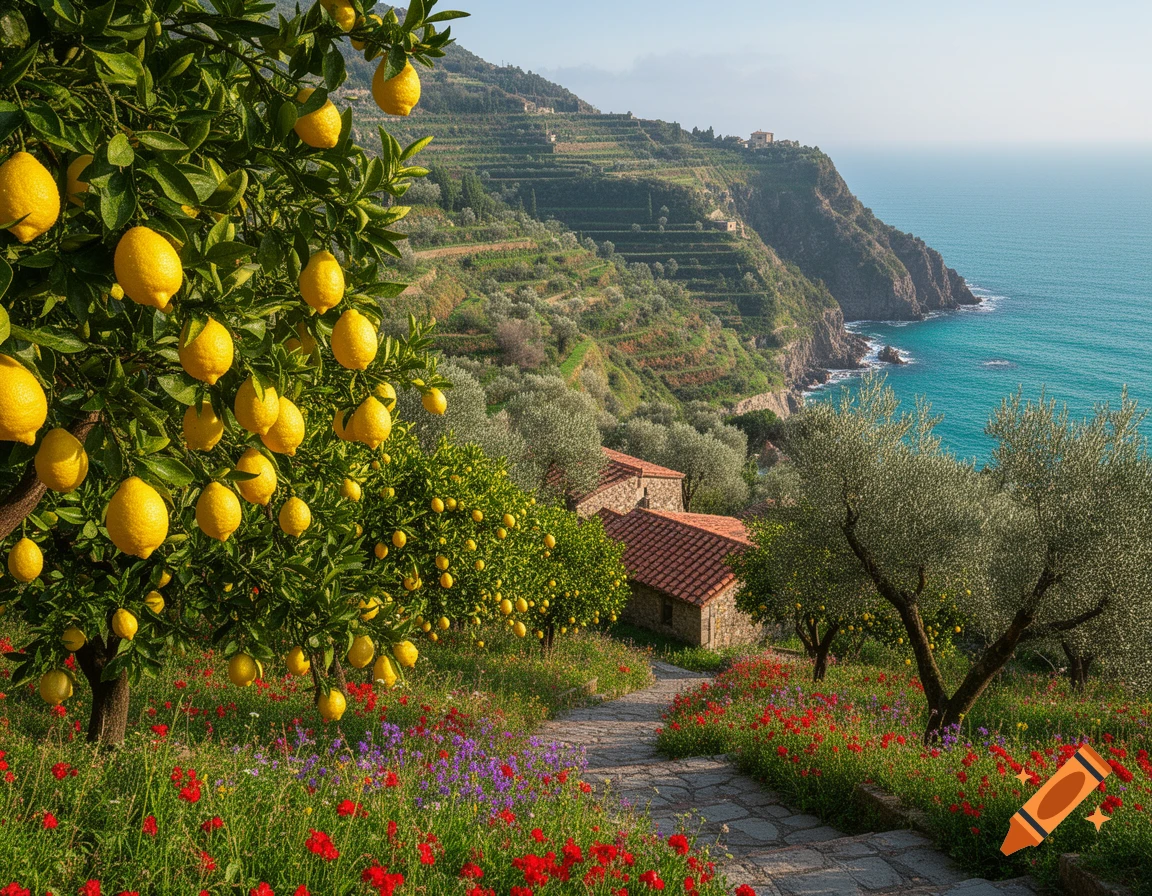 Photorealistic image of a vibrant lemon grove on terraced hills overlooking the bright blue sea in Italy, with a stone path winding through colorful wildflowers.