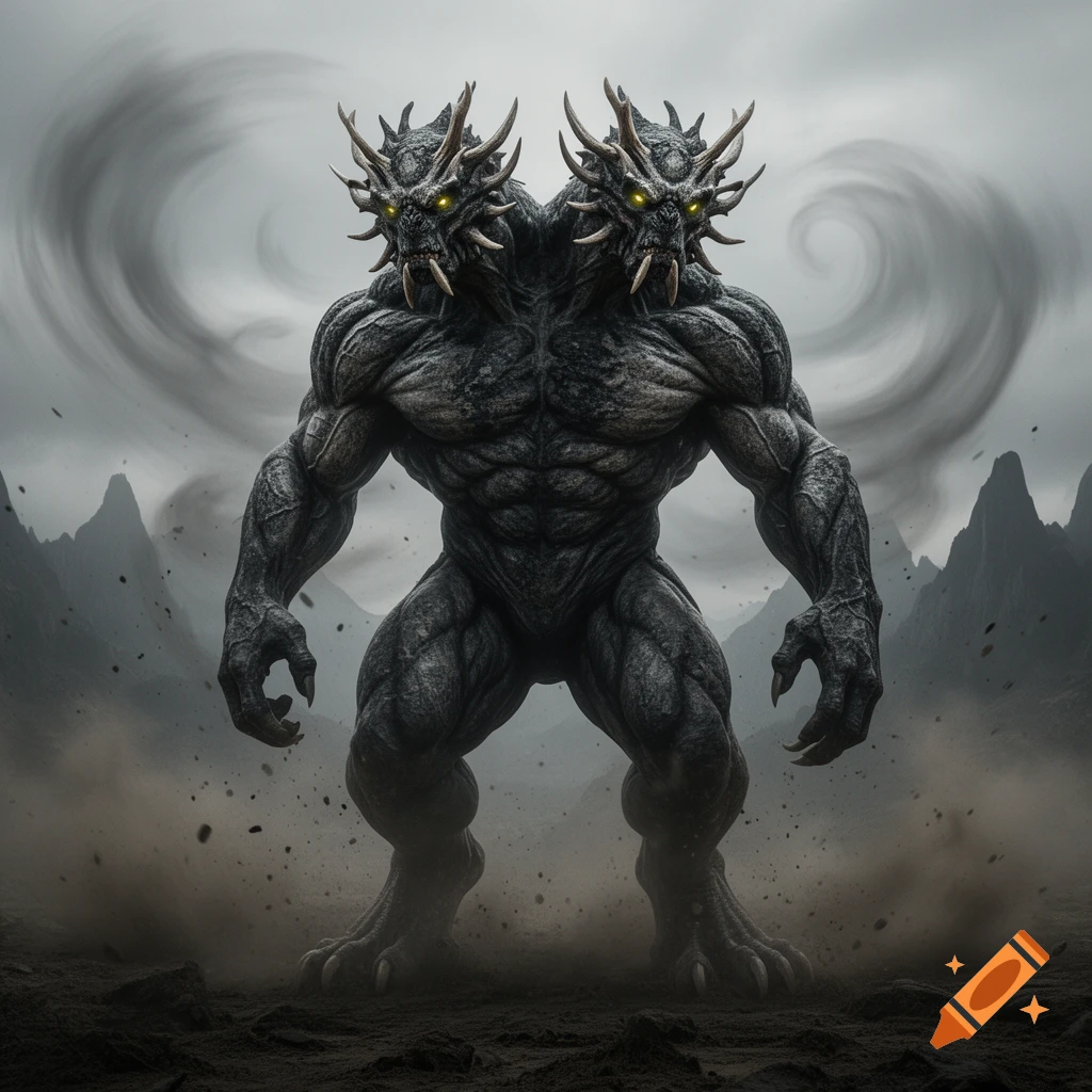 A powerful, two-headed monster with glowing eyes stands on barren ground under a stormy sky, with mountains in the background.