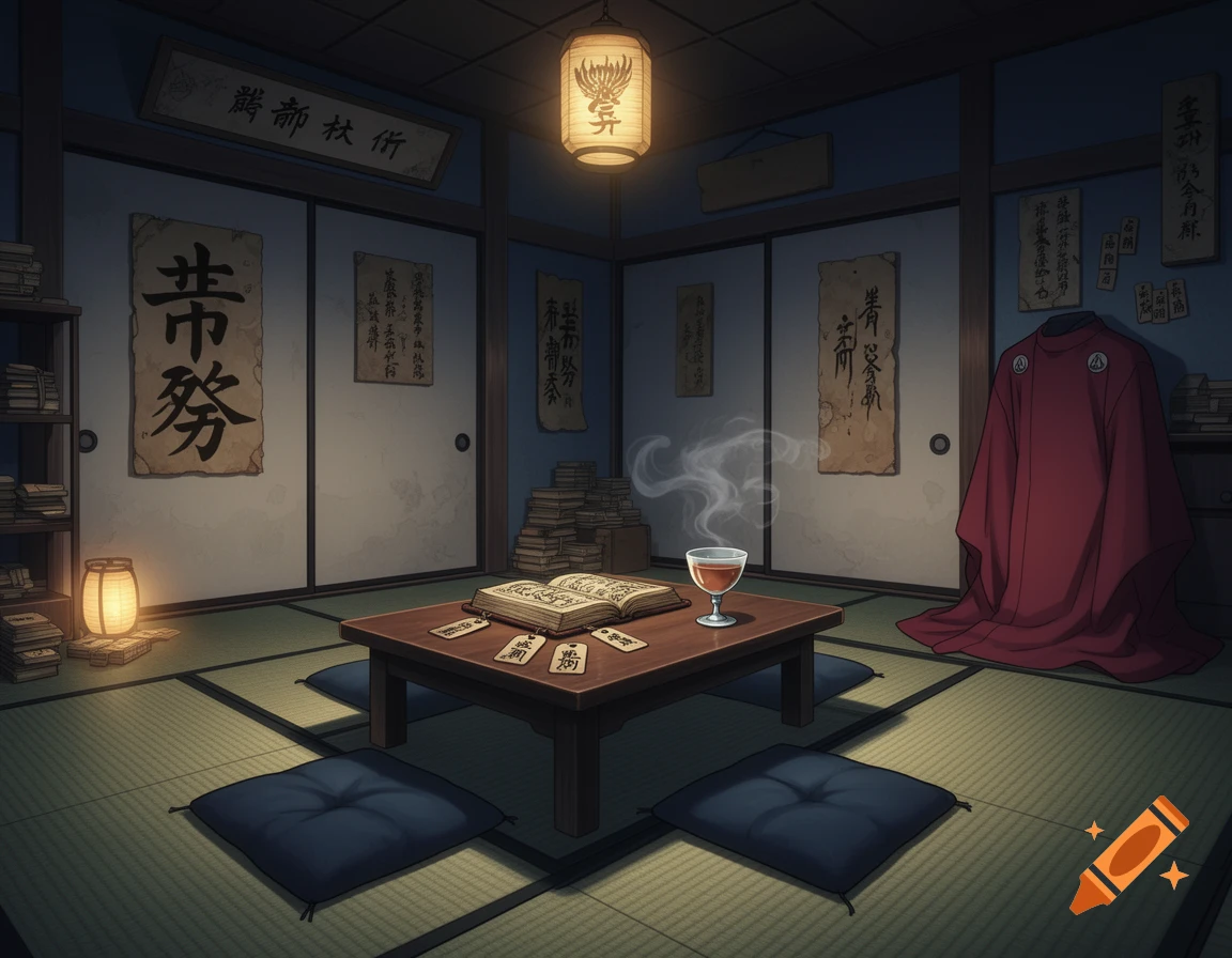 Anime-style Japanese room at night with tatami, glowing lanterns, calligraphy scrolls, an open book on a low table with a drink, and a red robe.