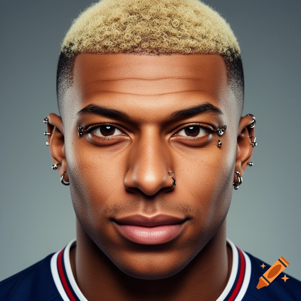 Close-up portrait of a dark-skinned man with bleached blonde curly hair, a faded haircut, and numerous facial piercings.