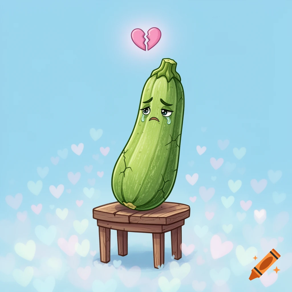 A sad, cartoon zucchini with tears, sitting on a wooden stool under a glowing pink broken heart, against a light blue background with heart bokeh.