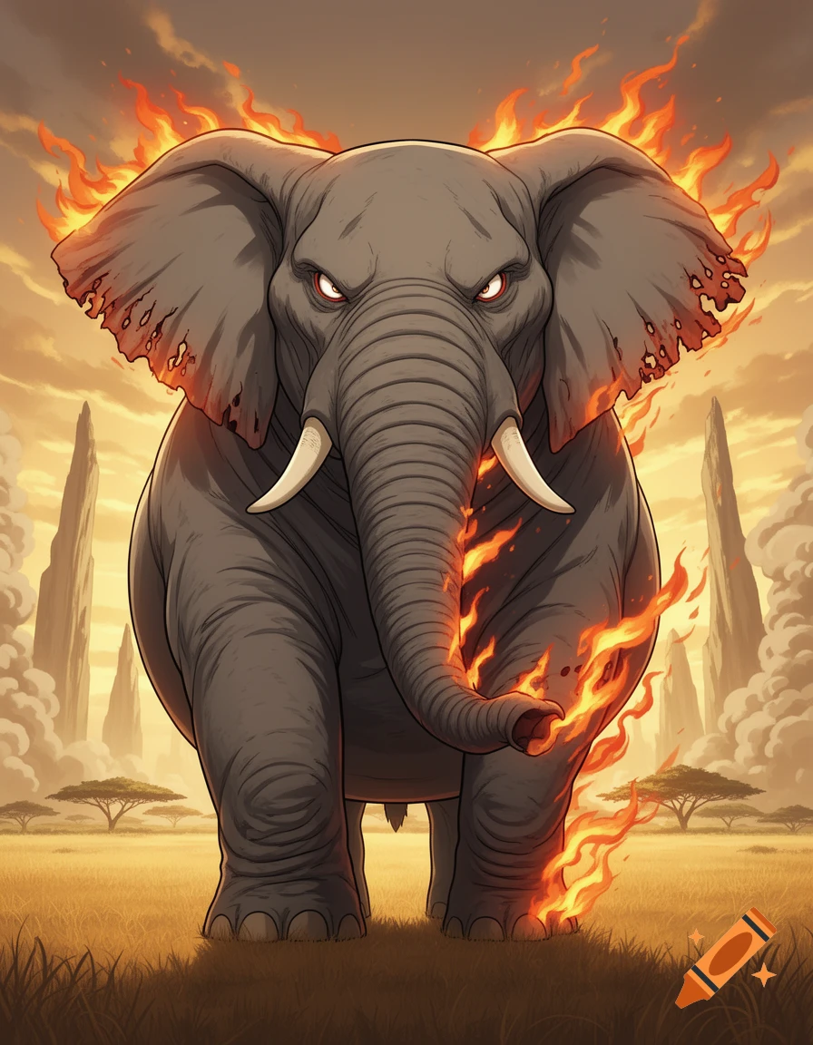 A powerful, stylized elephant with glowing red eyes and fire on its body stands in a savanna at sunset.