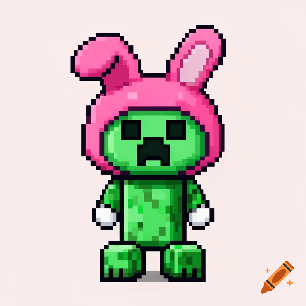A pixel art Minecraft Creeper character wearing a pink My Melody bunny hood and ears, centered on a plain background.