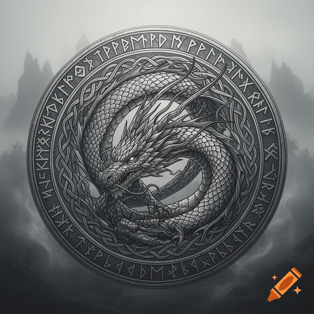 A grayscale circular illustration of a dragon intertwined with Celtic knots, surrounded by Viking runes, against a misty mountain background.