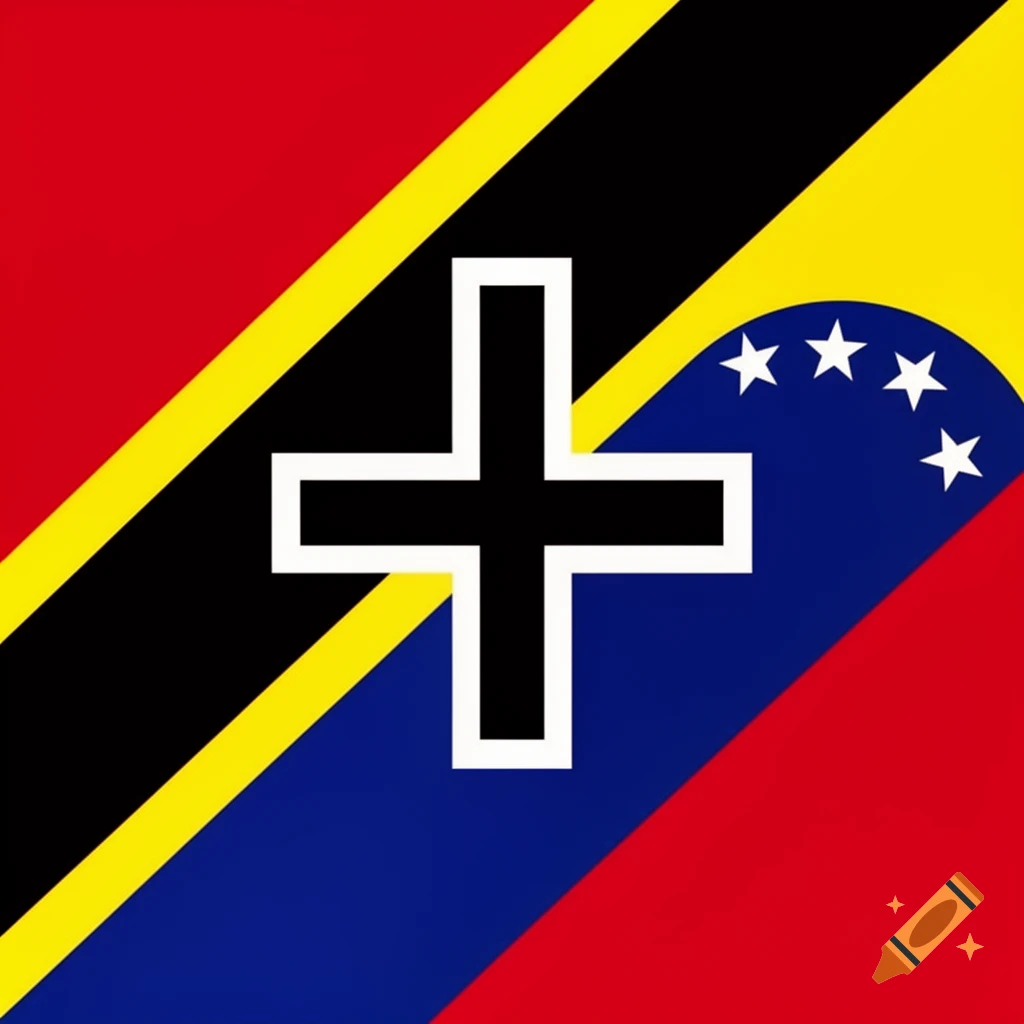 A flag combining the diagonal stripes of Trinidad and Tobago and the colors/stars of Venezuela, with a prominent white-bordered black cross.