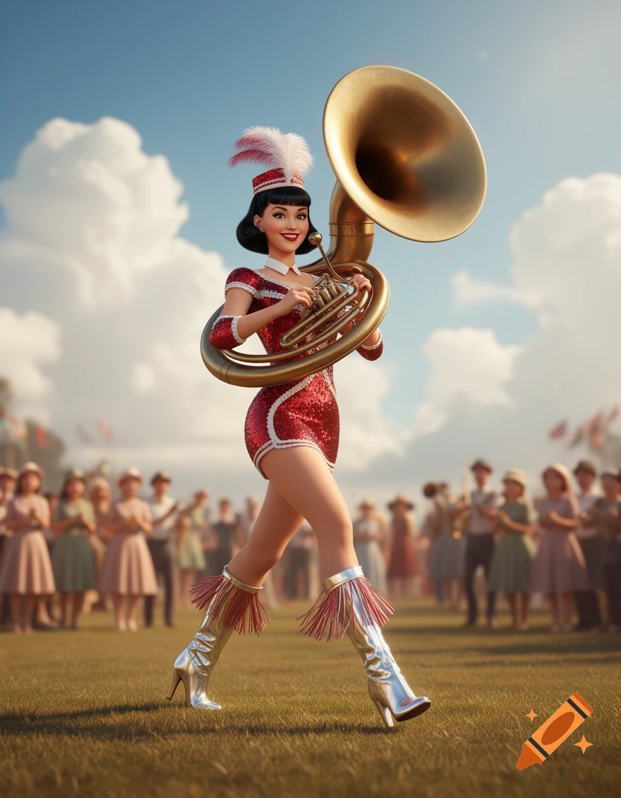 A stylized 3D pin-up majorette in a sparkly red outfit and silver boots marches with a bronze sousaphone on a grassy field.