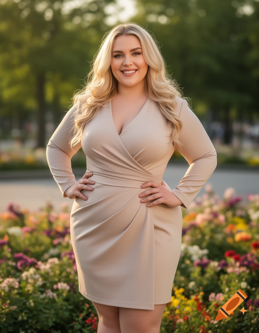 A smiling blonde woman in a beige wrap dress stands with hands on her hips in a colorful flower garden.