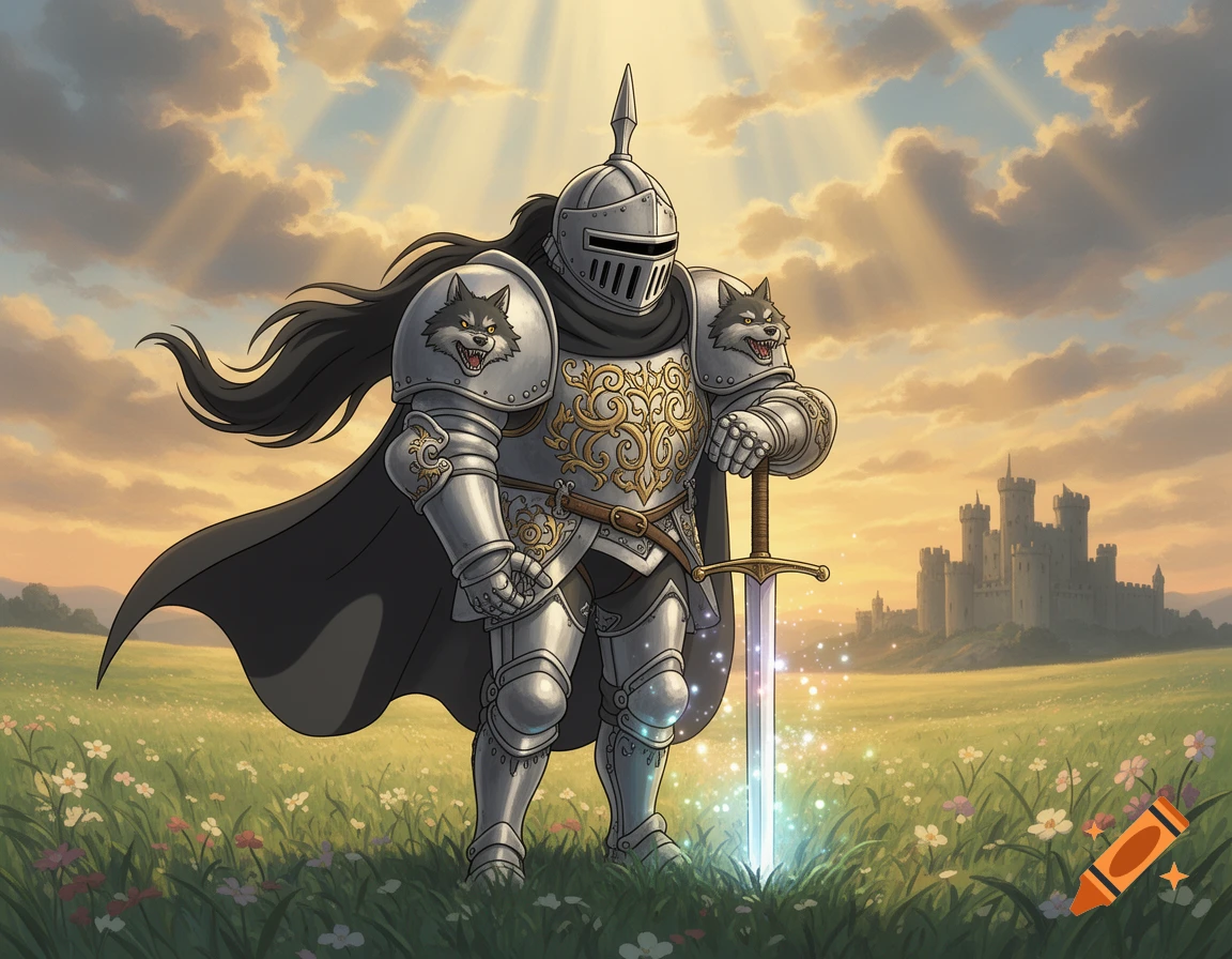 A Studio Ghibli style knight in silver and gold armor, holding a glowing sword in a flower field at sunset, with a castle behind.