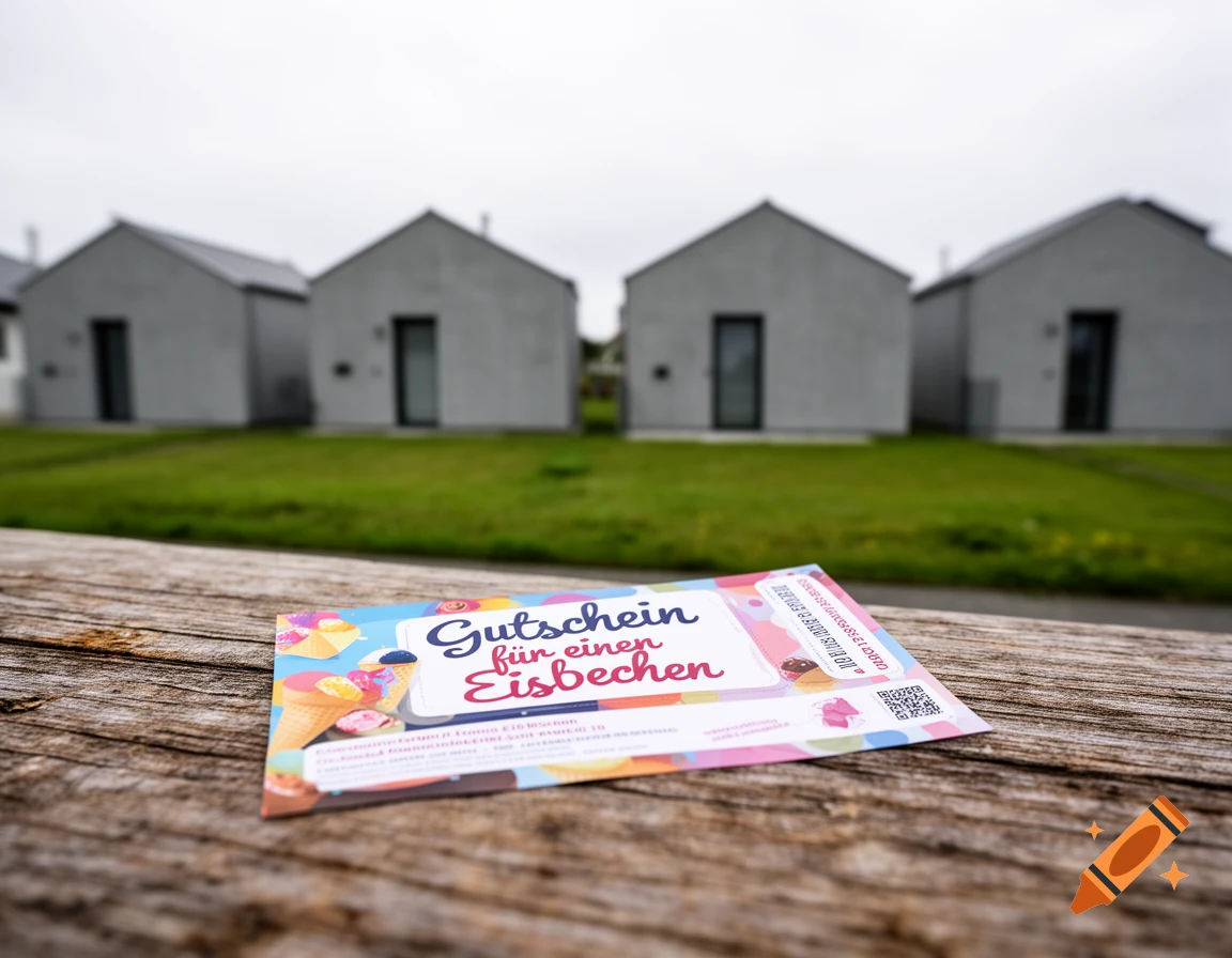 Close-up of an ice cream voucher on a wooden table, with blurred grey bungalows in the background.