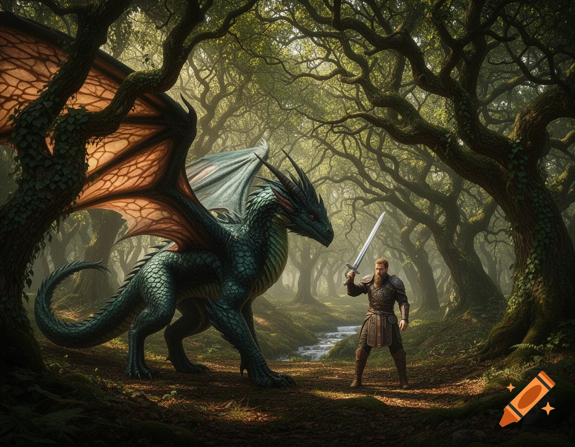 A warrior with a sword faces a large green dragon in a lush, mystical forest.