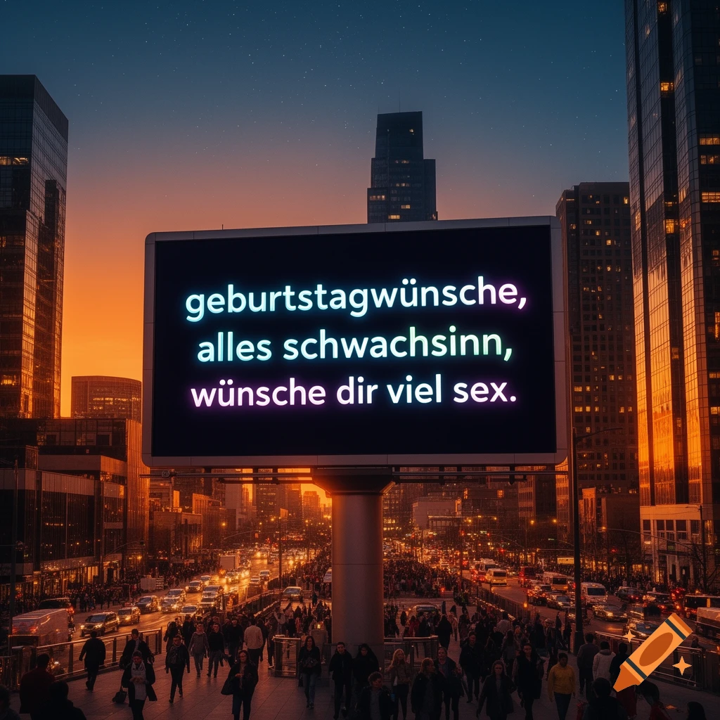 A vibrant neon billboard with German text saying 'wish you lots of sex' overlooks a busy city street with skyscrapers at dusk.